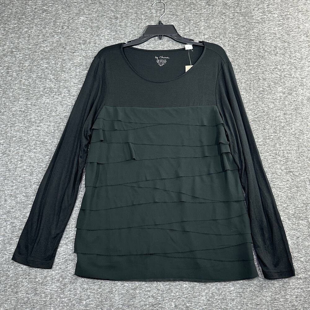 Chico's Top Womens XL 3 Black Layered Ruffled Scoop Neck Long Sleeve Blouse NEW